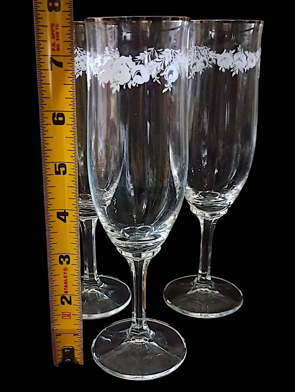 3 Johann Haviland Sweetheart Rose Champagne Flutes Crystal Vtg Floral Stemware